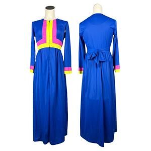 Vintage 70s Butterfields Blue Long Sleeve Multi Colored Front Zip Maxi Dress S